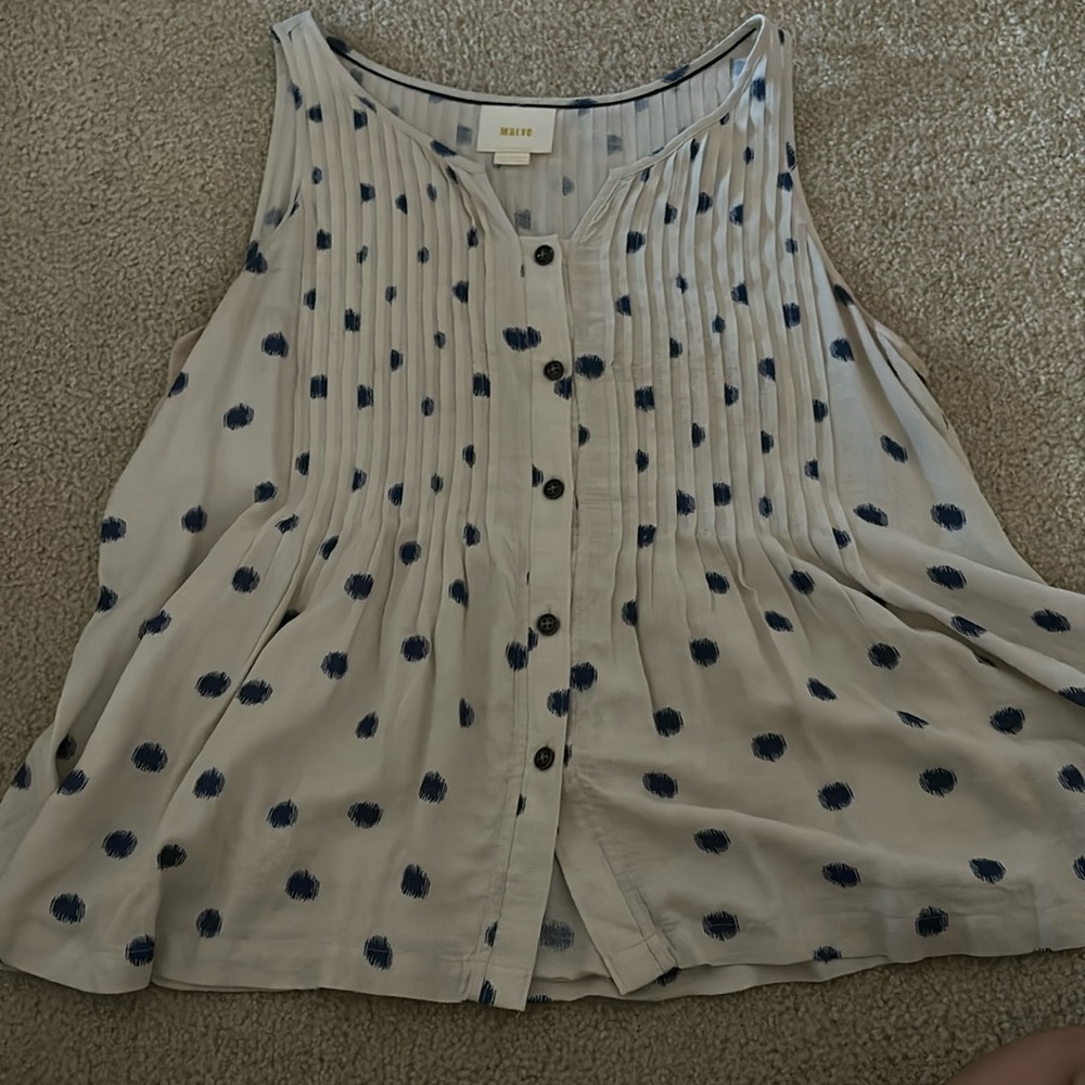 Beige top with blue polka dots, size 12 from maeve. Button up, flowy back.